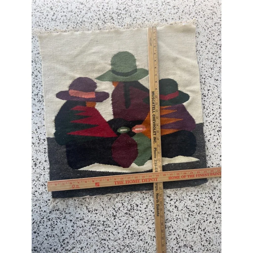 Trute Wool Handmade in Equador Wall Hanging Tapestry 3 Men Hats Poncho 22x23